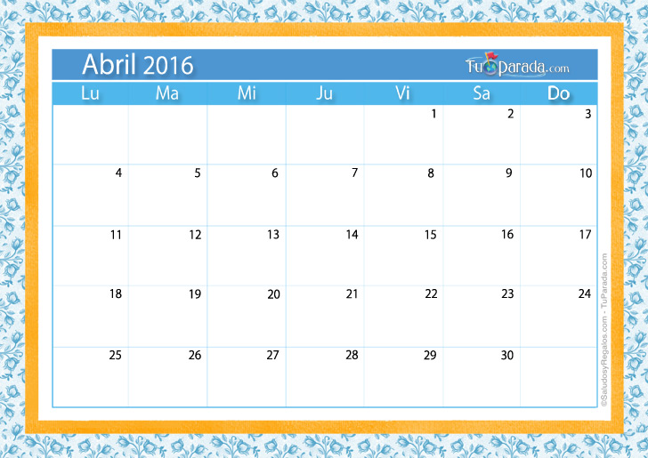 Calendario Abril 2016 Calendarios Mensuales Tarjetas 5159