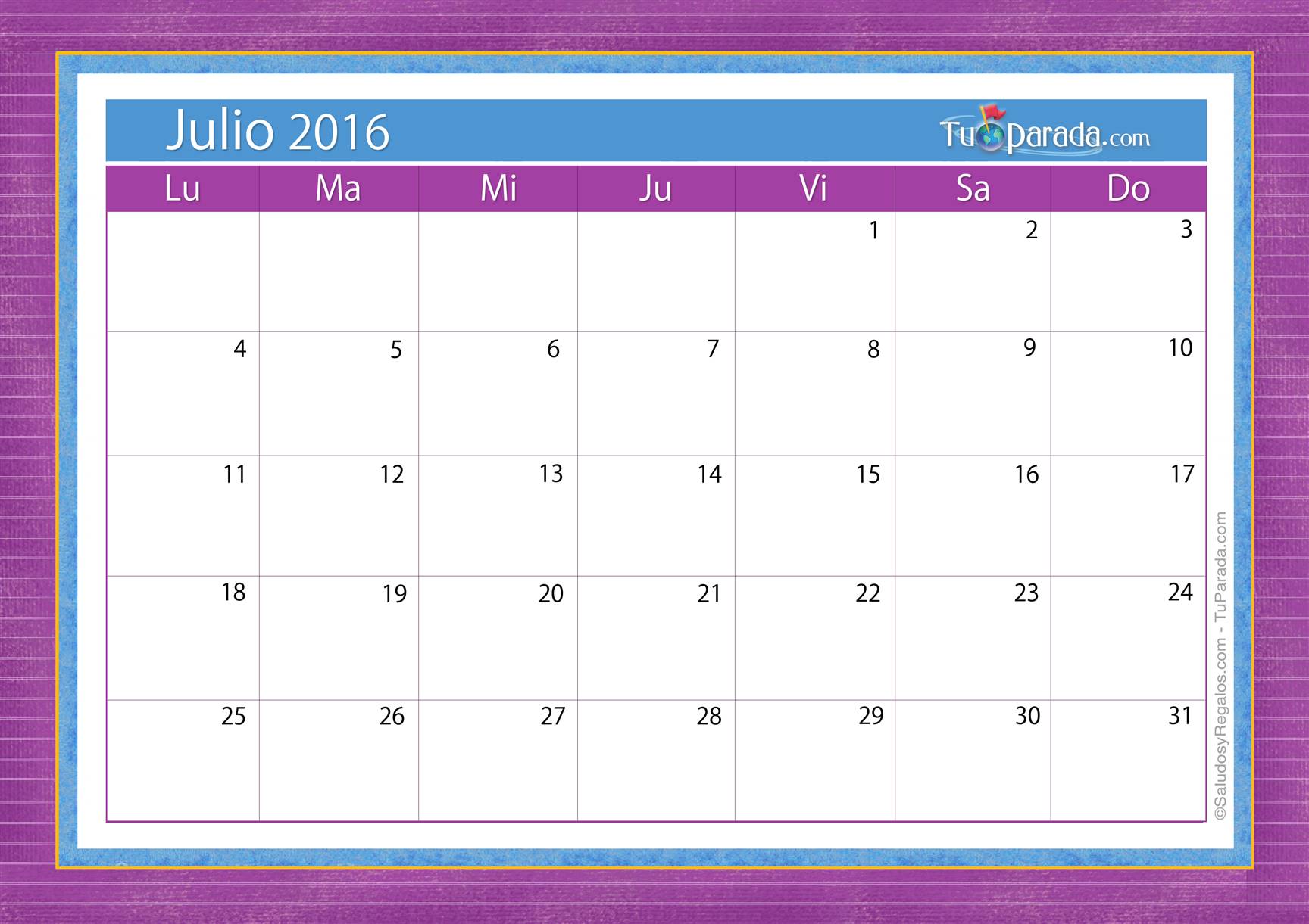 Origen y significado de Calendario julio 2016