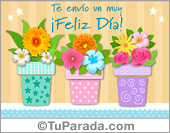 Tarjeta de feliz día con macetas y flores