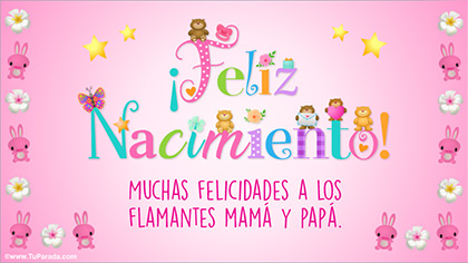 Tarjeta de nacimiento en rosa con cariño