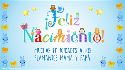 Tarjeta de nacimiento celeste con cariño