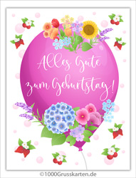 Geburtstagskarte mit Luftballon und Blumen