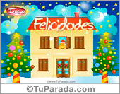 Felicidades con casa navideña y sonrisas