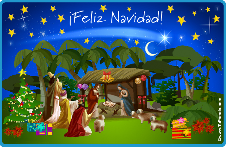 Tarjeta de pesebre - Tarjeta virtual de navidad, postal animada gratis, postal navideña con pesebre