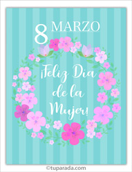 Tarjeta Día de la Mujer en celeste y flores