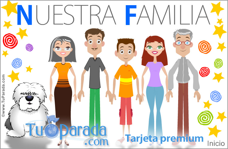 Tarjeta - Familia con padres, hijo, abuelos y perro