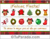 Felices fiestas con adornos e idiomas