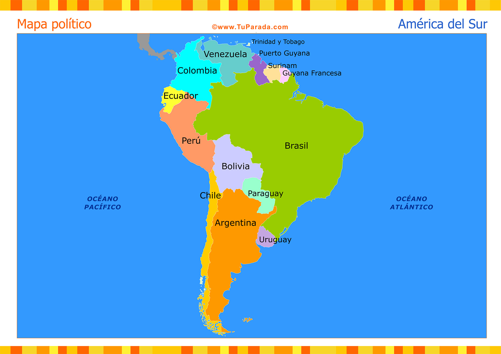 Mapa de América del Sur político, Mapas, tarjetas