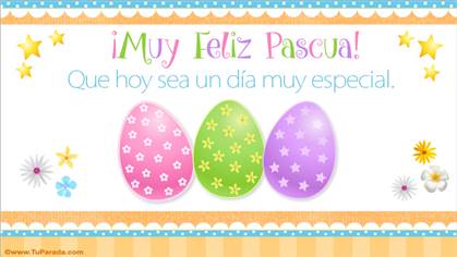 Tarjeta de Pascua con huevos de chocolate con flores.