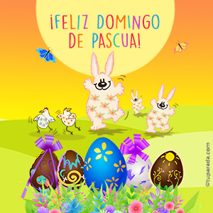 Tarjeta de Feliz Domingo de Pascua con conejitos