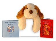 Set de perro, libro y tarjeta.