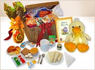 Exquisiteces en baúl de Pascua para una persona con pato y tarjeta