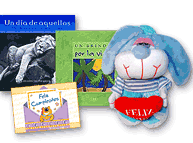 Set de peluche con libros y tarjeta.