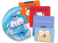Set de conejo con luna, libros y tarjeta.