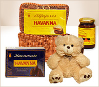 Canasta con productos Havanna y oso.