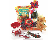 Canasta con vino Espumoso y chocolate.