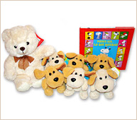Fantástico equipo de oso, perritos y libro.
