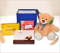 Bombones, alfajores Havanna, libro y oso de cumpleaños