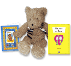 Set de oso, libro y tarjeta.