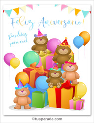 Cartão de aniversário com ursos e presentes