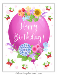 Birthday ecard with balloon and flowers