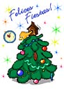 Felices fiestas con árbol y reloj