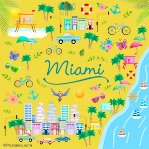 Postal de Miami con lugares destacados
