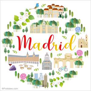 Postal de Madrid con lugares culturales