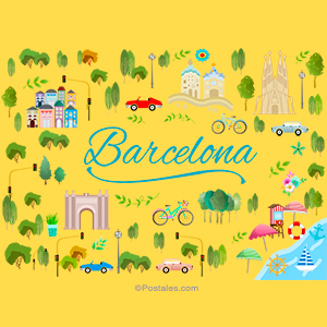 Postal de Barcelona con lugares más visitados