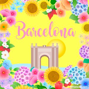 Postal de Barcelona con sol y flores