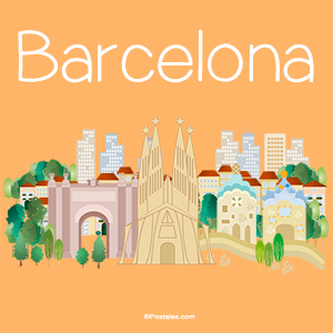 Postal de Barcelona con colores cálidos