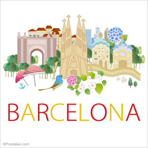 Barcelona, postal decorada con flores