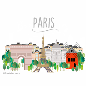 Postal de París con lugares históricos