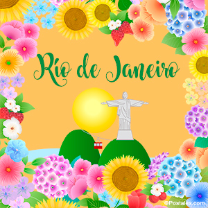 Postal de Río de Janeiro con flores y el Cristo Redentor