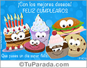 Tarjeta con muffins, torta y cosas ricas