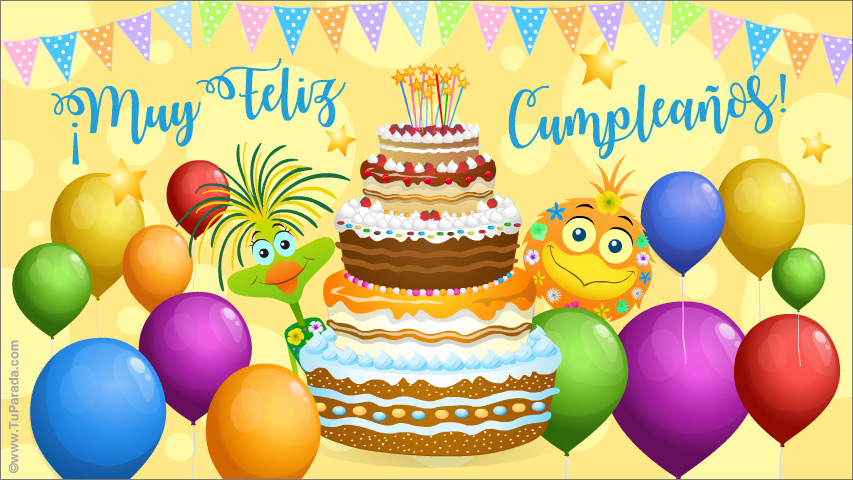 Tarjeta - Feliz cumpleaños, torta y pájaros