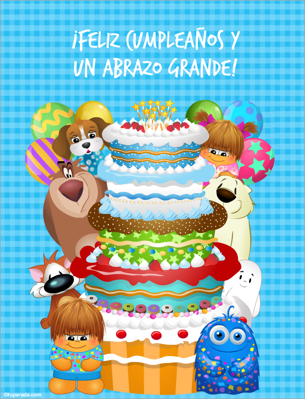 Deseos de feliz cumpleaños con gran torta, tarjetas de Cumpleaños para niños