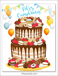 Tarjeta de cumpleaños con torta de chocolate