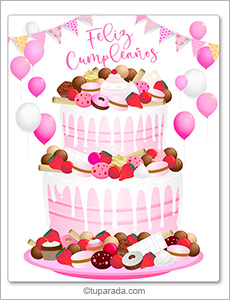 Tarjeta de cumpleaños con torta de exquisiteces