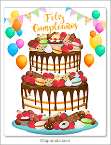 Tarjeta de cumpleaños con torta y globos