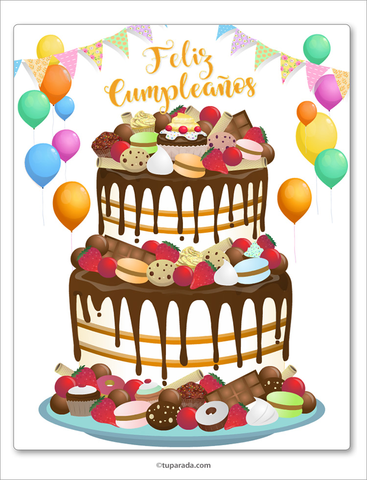 Tarjeta de cumpleaños con torta y globos, tarjetas de Cumpleaños formales