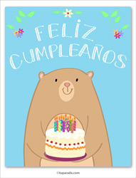 Feliz cumpleaños con oso y torta