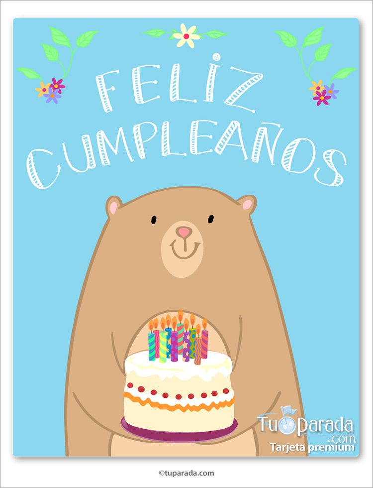 Tarjeta - Feliz cumpleaños con oso y torta