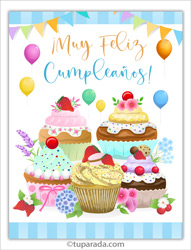 Tarjeta de cumpleaños con cupcakes y flores