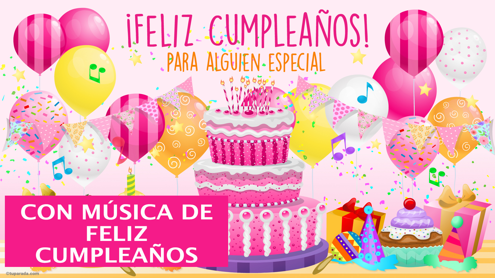 Video Tarjeta de cumpleaños con torta en rosa