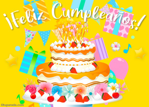 Tarjeta de torta de cumpleaños en amarillo