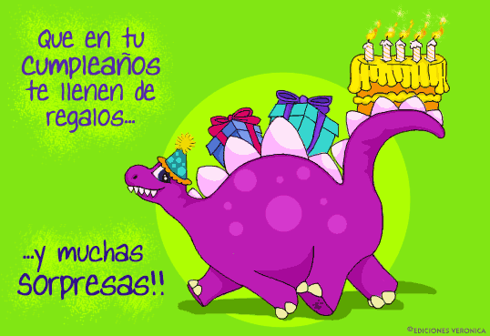 Que en tu cumpleaños te lleguen de regalos y muchas sorpresas, dinosaurio  con regalos, torta, cumpleaños, fiesta, sorpresa