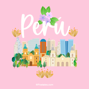Perú, postal con fondo rosa y flores