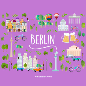 Postal de Berlín con lugares conocidos