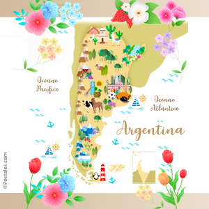 Mapa ilustrado de Argentina con flores